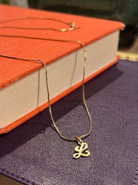 MONET Gold Letter L Necklace Cursive Initial Pendant on 23.5” Long Chain